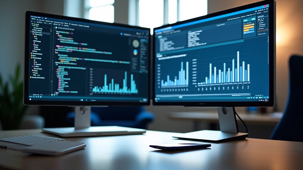 Darbo stalas su dviem monitoriais, kuriuose matomas Python IDE ir duomenų analizės grafikas